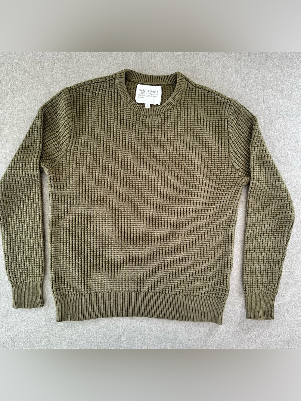Sanctuary Wool Cashmere Blend Waffle Knit Crewneck Sweater Olive Green Large